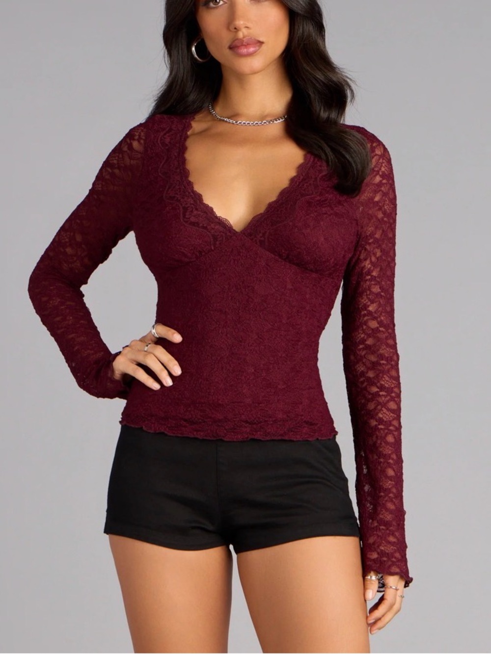 Windsor Lace Wrap V-Neck Long Sleeve Top